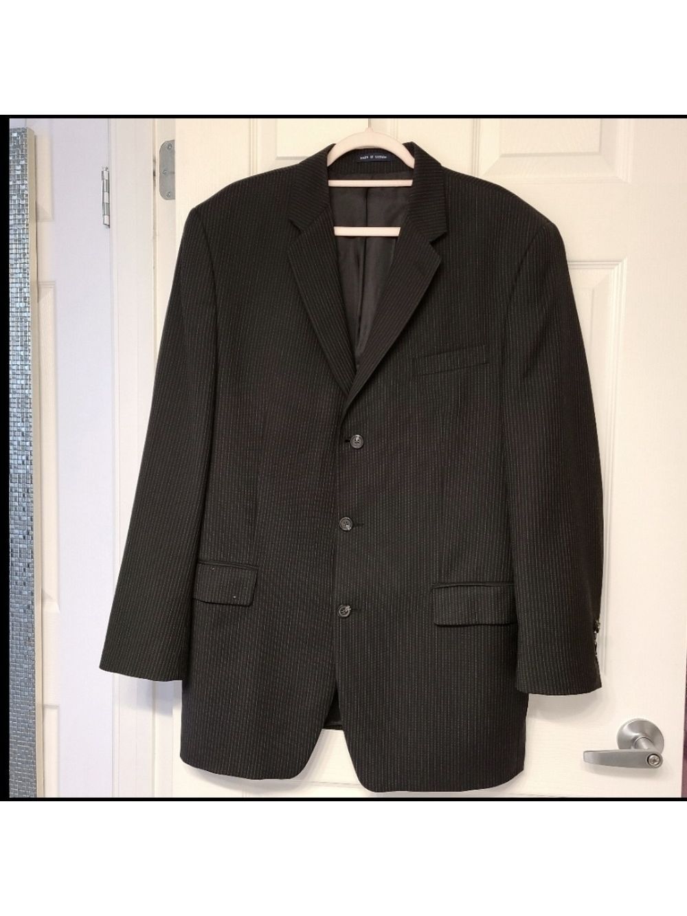 Chaps Mens 44L Black Pinstripe 100% Wool Blazer Made in Canada Union Teamster